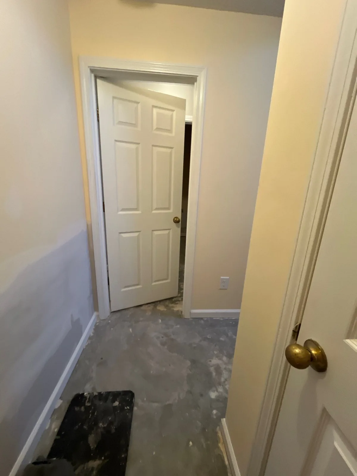 Hallway under renovation with partially painted walls and unfinished concrete floor — serving Dallas, GA.