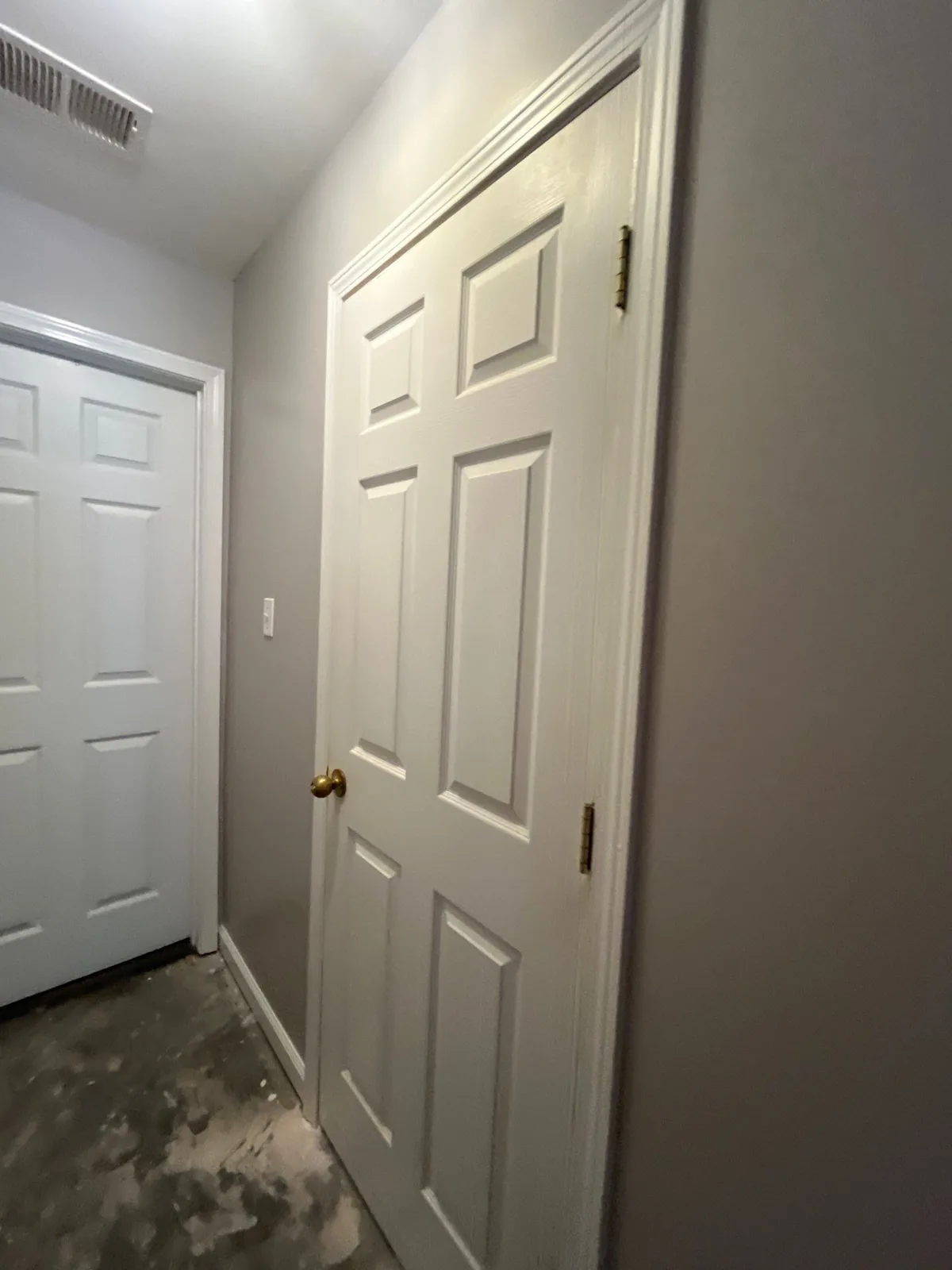 Hallway with freshly painted doors and unfinished floor, indicating construction work — serving Dallas, GA.