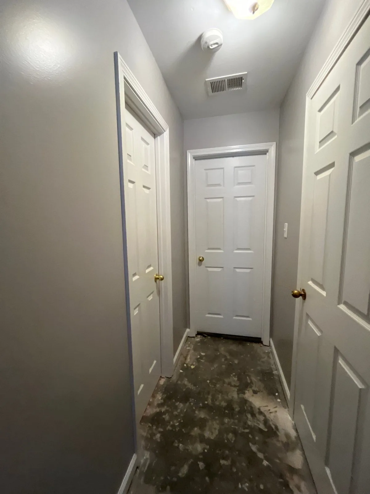 Hallway with renovation work showing subflooring and three white doors — serving Dallas, GA.