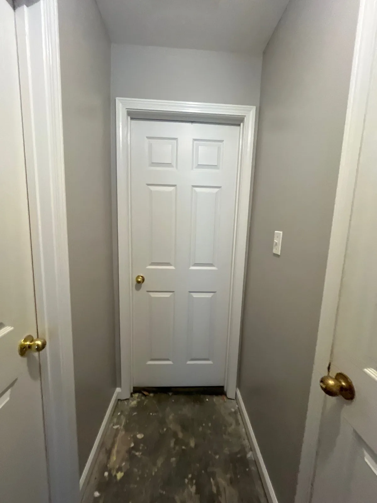 A hallway with freshly painted walls and doors, and an unfinished floor, indicating ongoing remodeling work — serving Dallas, GA.