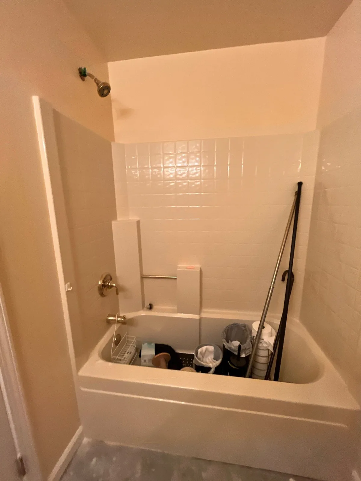 Bathroom during renovation showing a bathtub filled with cleaning supplies and tools. Tiled walls and a showerhead are visible — serving Dallas, GA.