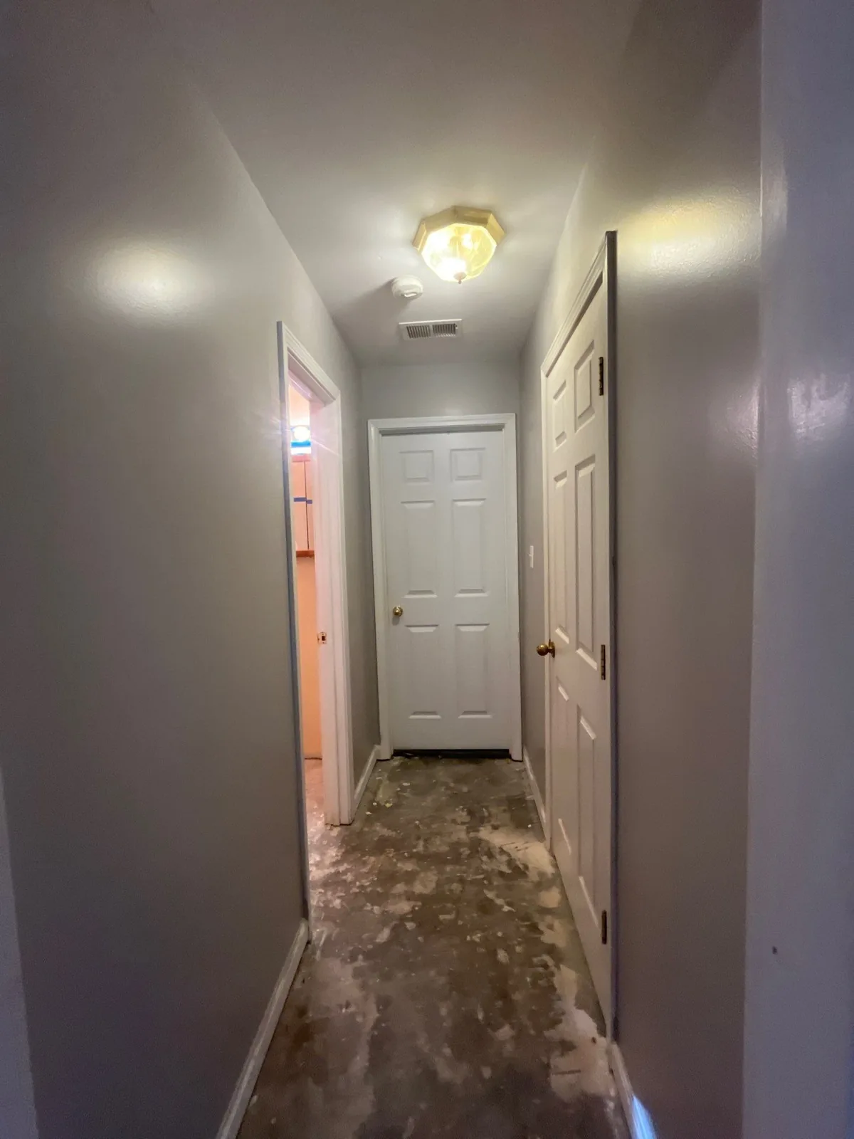 A hallway with bare floors and closed doors, in a phase of restoration — serving Dallas, GA.