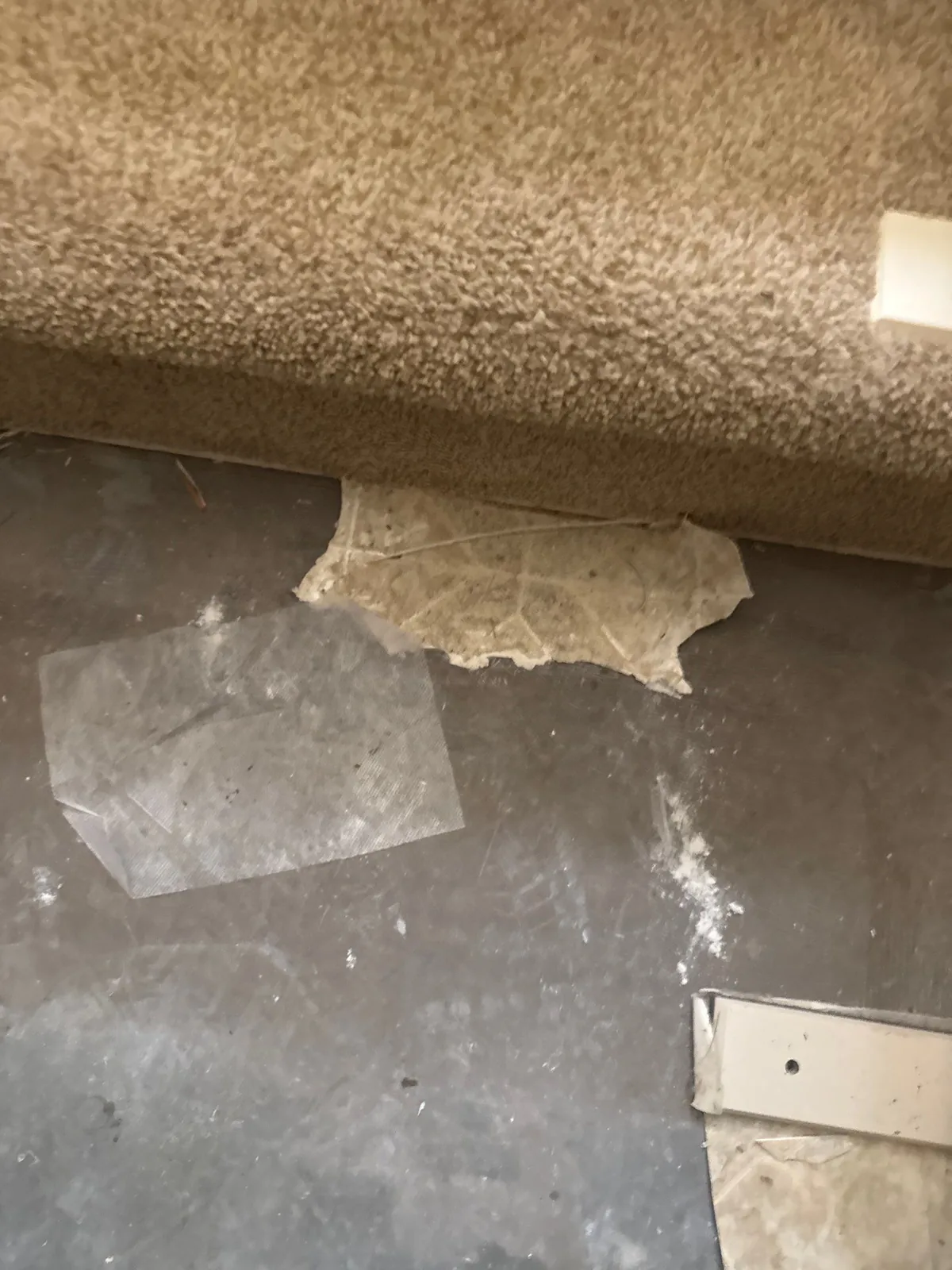 Close-up of stair carpet edge with exposed underlying material and tape on the floor — serving Dallas, GA.