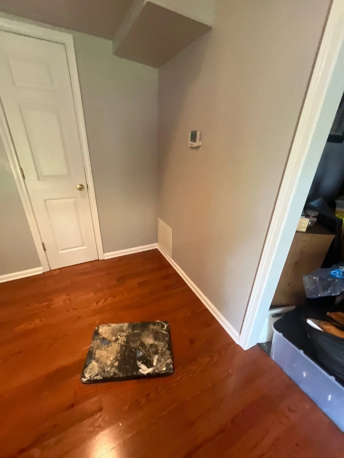 Room corner with hardwood floor, white door, thermostat, and small damaged carpet piece — serving Dallas, GA.