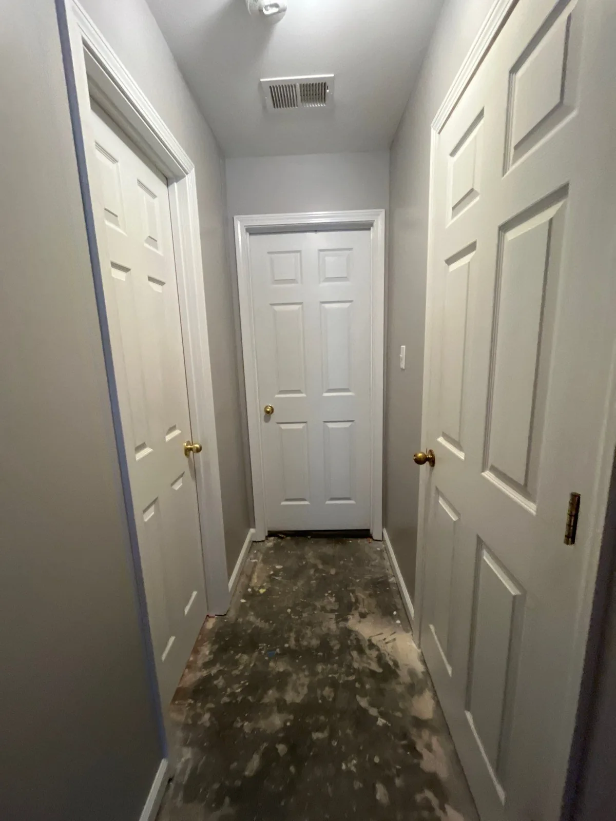 Interior hallway showing three closed white doors and an unfinished floor — serving Dallas, GA.