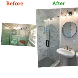 Bathroom remodel replacing vintage green tile with subway tile shower walls and frameless glass door — Metro Atlanta, GA