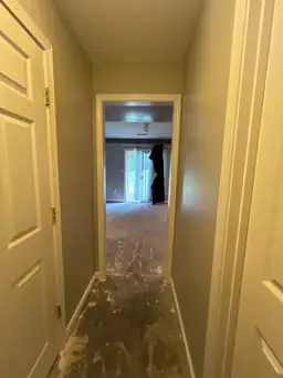 View down a hallway with a partially covered floor towards a room with open doors and a backyard view — serving Dallas, GA.