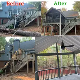 Storm-damaged rear deck and screened porch rebuilt with new composite decking, stairs, and roof structure — Metro Atlanta, GA