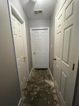 Interior hallway showing three closed white doors and an unfinished floor — serving Dallas, GA.