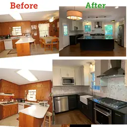 Kitchen renovation replacing oak cabinets with two-tone shaker cabinets and a new granite island — Metro Atlanta, GA