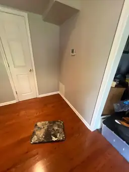 Room corner with hardwood floor, white door, thermostat, and small damaged carpet piece — serving Dallas, GA.