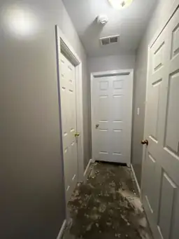 Hallway with renovation work showing subflooring and three white doors — serving Dallas, GA.
